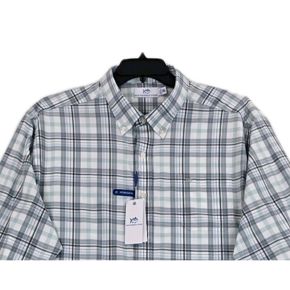 Southern Tide Shirt Mens 2XL Blue Aqua Plaid Intercoastal Durwood UV Stretch